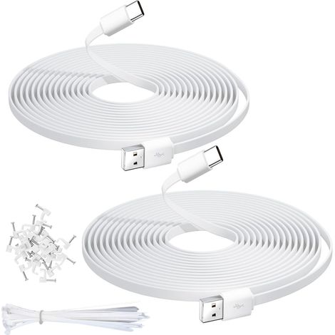 Lot de 2 câbles plats USB A vers USB C extra longs avec clous de fixation et attaches de type C pour caméras de sécurité, Cam S3 Pro, Mini 2, Tapo 2K C120 5 m (1/5)