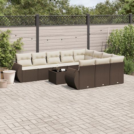 11-tlg. Garten-Sofagarnitur mit Kissen Braun Poly Rattan (1/3)
