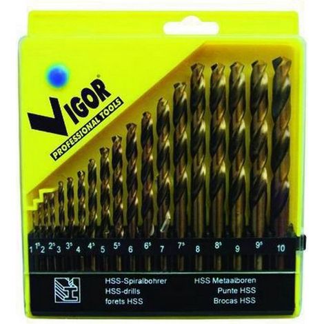VIGOR 19875 Serie Punte HSS Cobalto 6% Punte per Foratura Metalli 19 pezzi Diametri 1-10 mm colore Nero
