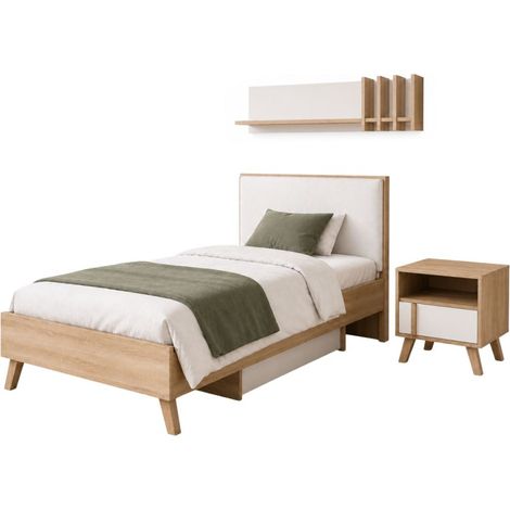 Ensemble chambre enfant MALMO avec lit 90x200, chevet et étagère – Chêne clair et blanc (1/5)