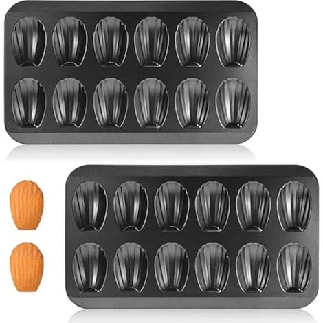 Lot de 2 moules à madeleines pour la cuisson, 12 cavités robustes en forme de coquillage antiadhésifs pour four (noir) (1/5)