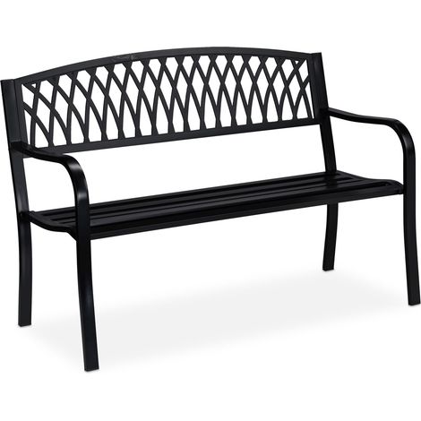 Relaxdays Banc de jardin, 2 sièges, solide, design rustique, confortable, métal, H x L x P : 87 x 127 x 60 cm, noir (1/5)