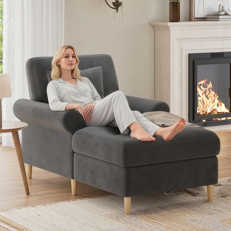 Fauteuil inclinable rembourré, lounge XXL pour la lecture, en velours avec pouf, meuble confortable pour salon et chambre, gris