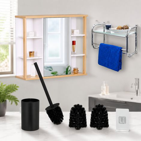 Wandmontiertes Badezimmer-Set (3-teilig) - Handtuchablage aus Glas, Spiegelschrank & WC-Bürsten-Set (1/5)