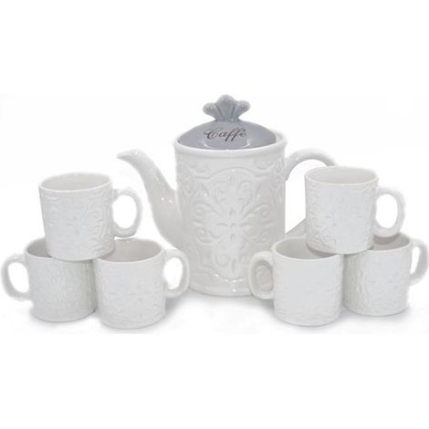 Set 7 Pezzi Caffè The Tè Tazze e Caffettiera in Ceramica Decoro Grigio (1/2)