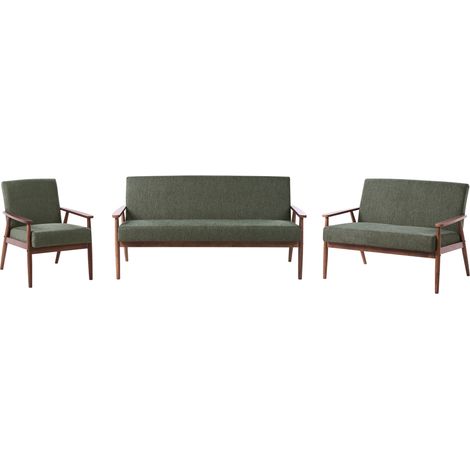 Conjunto de sala de estar retro sofá 3 plazas sofá 2 plazas y sillón tapizado de poliéster estructura de madera verde y marrón oscuro Esrum