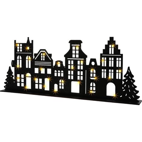 LED Holz Häuserzeile schwarz - 57 x 22 cm - Deko Weihnachtsdorf Skyline Aufsteller - Weihnachts Holzhaus Tischdeko Weihnachtsstadt