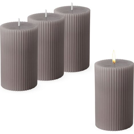 Echtwachs Stumpenkerze 10 x 6 cm geriffelt 4er Set - grau - Advents Kerze unparfümiert ca. 27 Stunden Brenndauer
