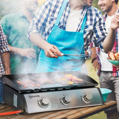 Plaque barbecue gaz antiadhésif table 3 brûleurs 3kW 62x46x21cm, noir