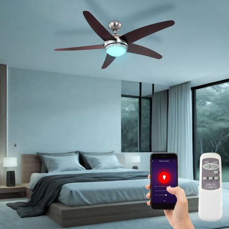 Deckenventilator Raumkühler Lüfter Wohnzimmer Ventilator, braun silber, RGB LED Smart Fernbedienung dimmbar 3 Geschwindigkeiten, 1x 5W 470Lm 2700-6400K, D 132 cm