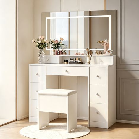 Coiffeuse avec Tabouret et Miroir LED, luminosité réglable, 3 couleurs, 9 tiroir, Meuble de Maquillage Blanc – Dimensions 110x40x150 cm (1/5)