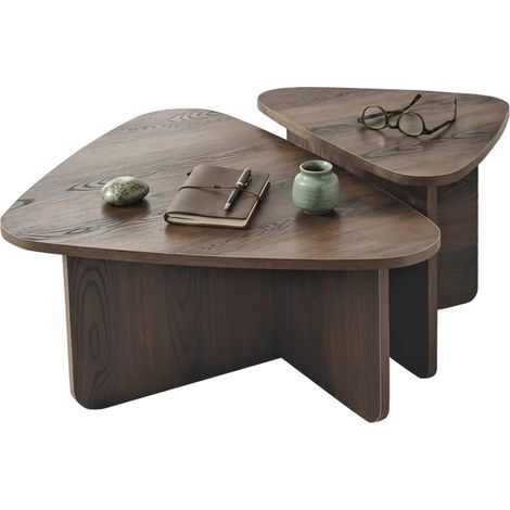 Tavolino da Salotto Saraceno, Modulabile, Forma Triangolare, Sfumatura Colore Ripiano Noce, 90x60x35h cm Marrone Noce