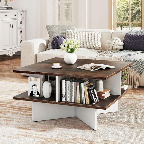 GOPLUS Table Basse Salon Carrée, Table d'Appoint à 2 Niveaux, avec Compartiments Séparés, Montage Facile, Meuble de Style Industriel pour Salon, Chambre, Bureau, Charge 50KG 60X60X32,5 CM (1/5)