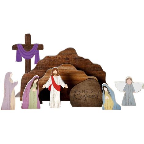 Scène De Résurrection - Tombeau Vide Et Croix En Bois - Décoration Religieuse Pour Table - Set Complet 1 Pièce (1/5)