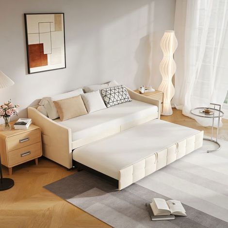 Lit gigogne 90x200 - Schlafsofa 2 Plätze aus beigem Samt, Holz- und Metallstruktur, zeitgenössischer Stil (1/5)
