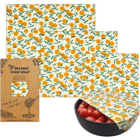 Set di 3 involucri in cera d'api con motivi a foglie arancioni e verdi, disponibili in tre misure: piccola, media e grande. Involucri alimentari riutilizzabili e senza plastica. (1/2)