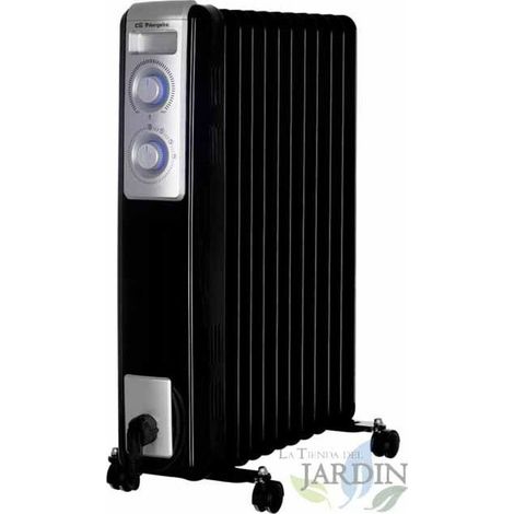 Riscaldatore ad olio con 11 elementi termici. Tre potenze di riscaldamento: 1000 W - 1500 W - 2500 W. Termostato regolabile