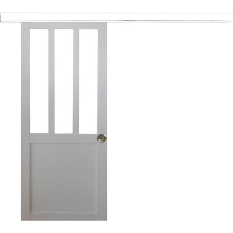 Gd Menuiseries – Porte coulissante atelier blanche vitrée H204 x L83 cm – Rail aluminium recoupable – Coquilles discrètes pour prise en main – Vitrage 4 mm