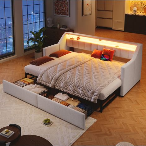Lit banquette en lin beige 90x200 cm avec lit gigogne 180x200, USB, Type-C, LED et 2 tiroirs (1/5)