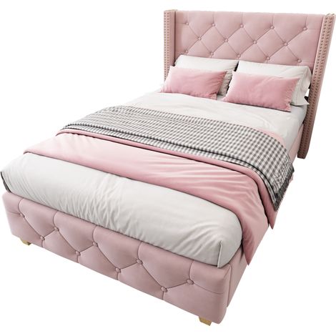 Lit rembourré velours rose 90x200 cm avec sommier à lattes et tête de lit capitonnée (1/5)