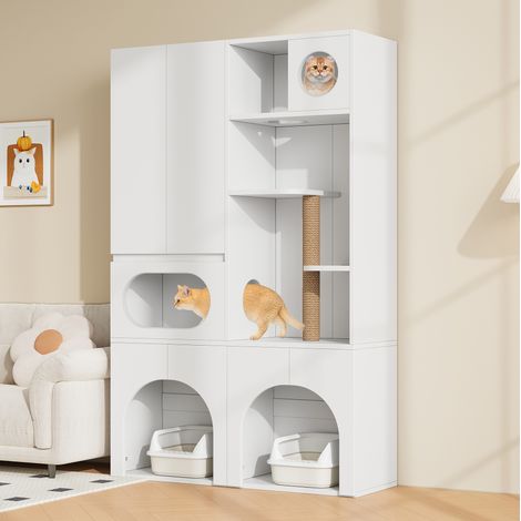 Mobile lettiera per 2 vaschette con tiragraffi e vani contenitore 140 x 45 x 195 cm bianco DESVIAE (1/5)