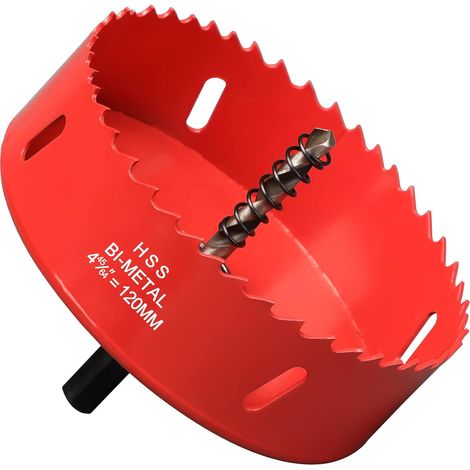 Scie cloche bimétallique 120 mm (avec foret de centrage) – Scie cloche robuste pour fer, aluminium, bois, plaques de plâtre, tuyaux et panneaux de fibres – Rouge (1/4)
