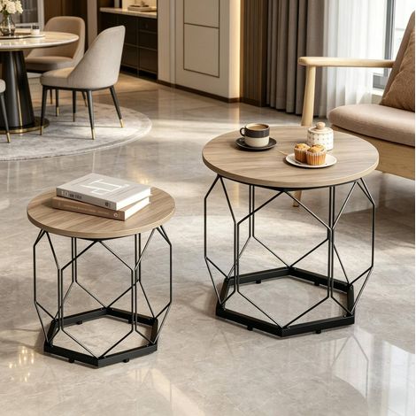 Tables basses gigognes lot de 2 50x50x45 cm gris aspect bois, plateau amovible métal MEUBLIV (1/4)