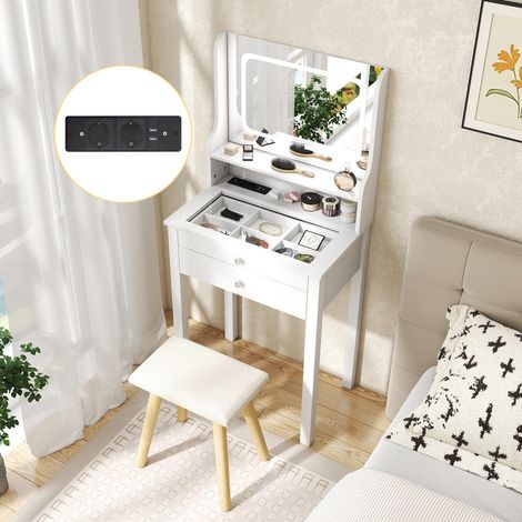 Pour Petits Espaces : Coiffeuse Table de Maquillage Chambre avec Miroir LED Tactile, Plateau en Verre et Tabouret (1/5)