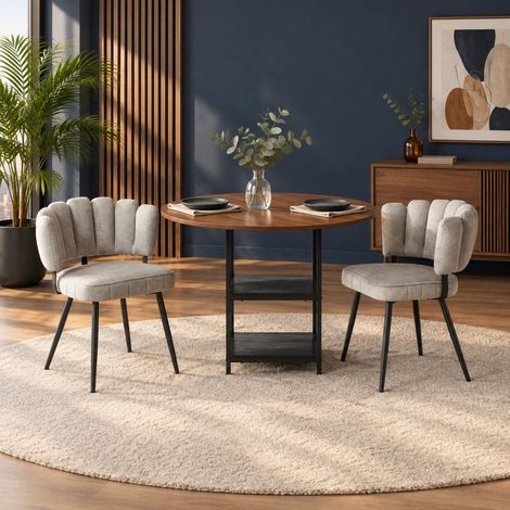 Rundes Esstisch-Set Ø 107 cm mit Stauraum und 2 grauen Stoffstühlen, Nussbaumoptik/Schwarz (1/5)