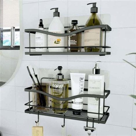 Set di 2 mensole portaoggetti per doccia - Cestini da bagno senza foratura - Mensola nera a parete per doccia e vasca con ganci per accessori -Crezuo