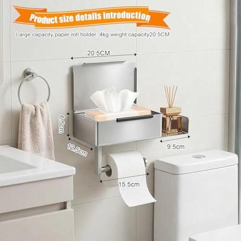 Porte-papier toilette sans perage, porte-papier toilette avec bote à lingettes humides, en acier inoxydable, anti-traces de doigts, porte-rouleau de papier toilette sans perage, avec étagère pour (1/4)