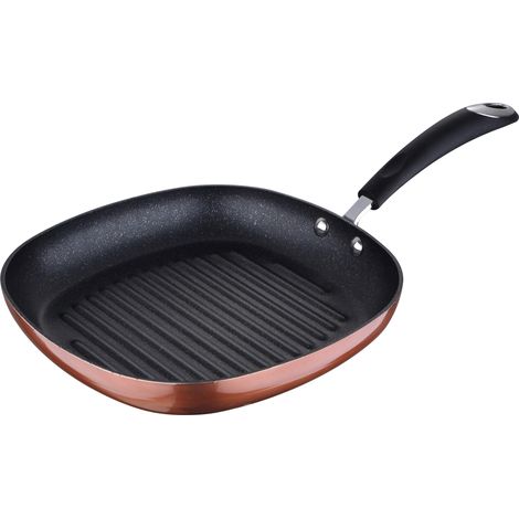 Sartén grill / plancha 28 x 28 x 4,5 cms. aluminio prensado, color cobre metalizado, mango revestido con silicona, inducción (1/5)