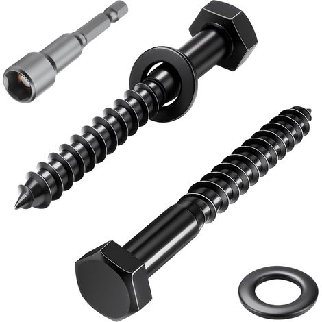 Lot de 10 vis à bois hexagonales M6 x 70 mm Vis à tête hexagonale en acier inoxydable A2 V2A avec rondelles et clé à douille Noir (1/5)