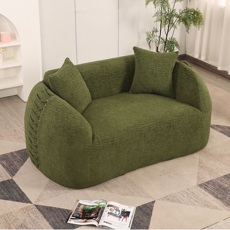 MODFU – Canapé 2 places chenille 104 cm – Design incurvé et accoudoirs à lacets – 2 coussins et mousse – Salon ou chambre – Vert (1/5)