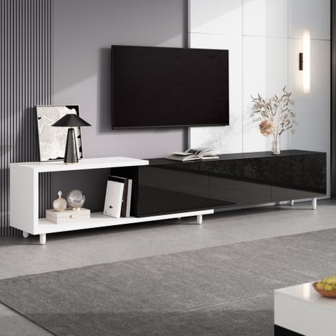Modernluxe - Meuble TV extensible - 3 portes laquées brillantes - Pieds en métal - 258x38x48.5 cm - MDF - Noir et blanc (1/5)