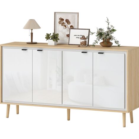 Hochglanz-Sideboard in Weiß und Eiche lackiert, 141 x 35 x 77 cm, 4 Türen, verstellbare Einlegeböden (1/5)