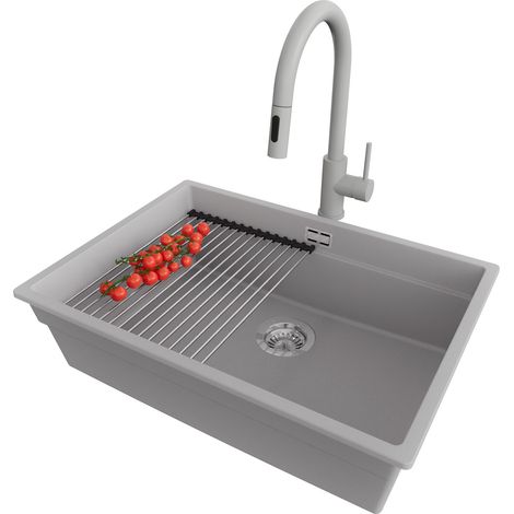PRIMAGRAN Evier Cuisine en Granit 66x47cm, Lavabo 1 bac + Robinet 40x20cm + Kit de Vidage + Accessoire, Évier à Encastrer au meuble 70cm - Prague Slim, Gris (1/5)
