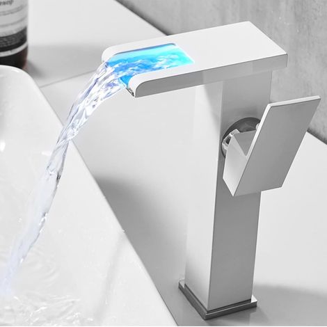 Grifo de baño - Agua fría y caliente - LED que cambia de color - Caño ancho tipo cascada - Blanco - Altura 24 cm (1/5)