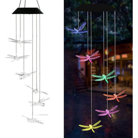 Campana de viento LED solar para exteriores, campana de viento transparente con forma de libélula, luz decorativa para jardín. (1/2)