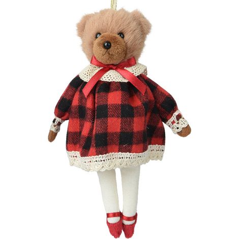 Kaemingk – Suspension de Noël ours en peluche madame avec robe à carreaux, 18 cm, polyester