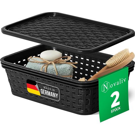 Novaliv lot de 2 paniers de rangement élégants avec couvercles aspect rotin Plastique alimentaire noir 1L Parfait pour la salle de bain et le
