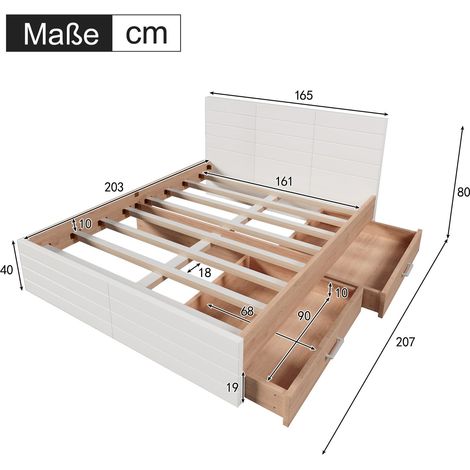 Lit double 160x200 cm en bois chêne et blanc avec 2 tiroirs, sommier à lattes et matelas inclus (1/5)