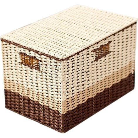 Panier de rangement tressé en fibres végétales avec couvercle, panier de rangement pour vêtements divers, organisateur de cuisine, tiroirs, 35 x 24 x 19 cm (1/5)