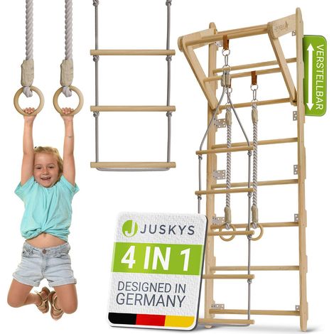 Juskys Sprossenwand für Kinder - mit Klimmzugstange, Indoor Klettergerüst mit Turnringen und Strickleiter, Kletterwand fürs Kinderzimmer, Turnstange (1/5)