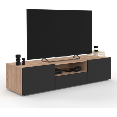 Idmarket – Meuble TV 140 cm bois hêtre noir – 2 placards fermés – Niche ouverte pour matériel hi-fi – Dimensions 140x40x31,5 cm