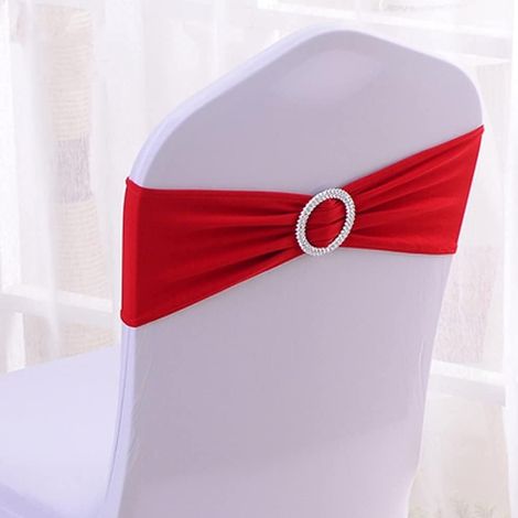 50 PCS Bandes élastiques pour sièges, Décorations pour chaises, Décoration de Mariage, Baptême, Bandes en Polyester avec des Boucles en Diamant (Rouge, 50) (1/2)