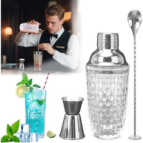 Coctelera de vidrio y acero inoxidable - Kit profesional de 400 ml, juego de 3 piezas, kit de coctelería para barman con accesorios (textura tejida - plateado) (1/5)