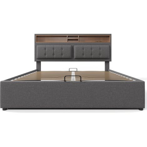 Polsterbett Leinen Grau 160x200 cm mit Matratze, Stauraum, verstellbarem Kopfteil und USB/Typ-C/Ladestation (1/5)