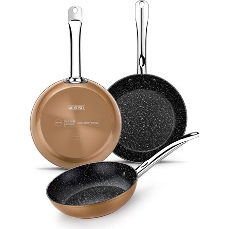 Monix Copper - Set padelle effetto Rame 20/24/28 cm, in Alluminio forgiato Antiaderente con Particelle di Titanio, per tutti i tipi di cucine anche a induzione, colore Rame (1/5)