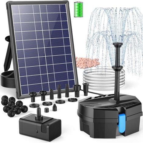 Filtre de bassin solaire avec fontaine à eau, fontaine solaire 8 W avec système de filtration, 8 modes de pulvérisation et batterie de secours de 3600 mAh, pour petits étangs extérieurs